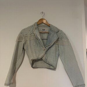 Vintage Western-Style Crop Jean Jacket with Tassels